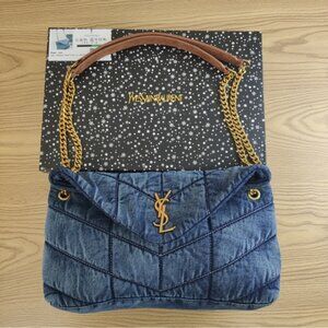 Yves Saint Laurent Blue and Gold Shoulder Bag Quilted Design